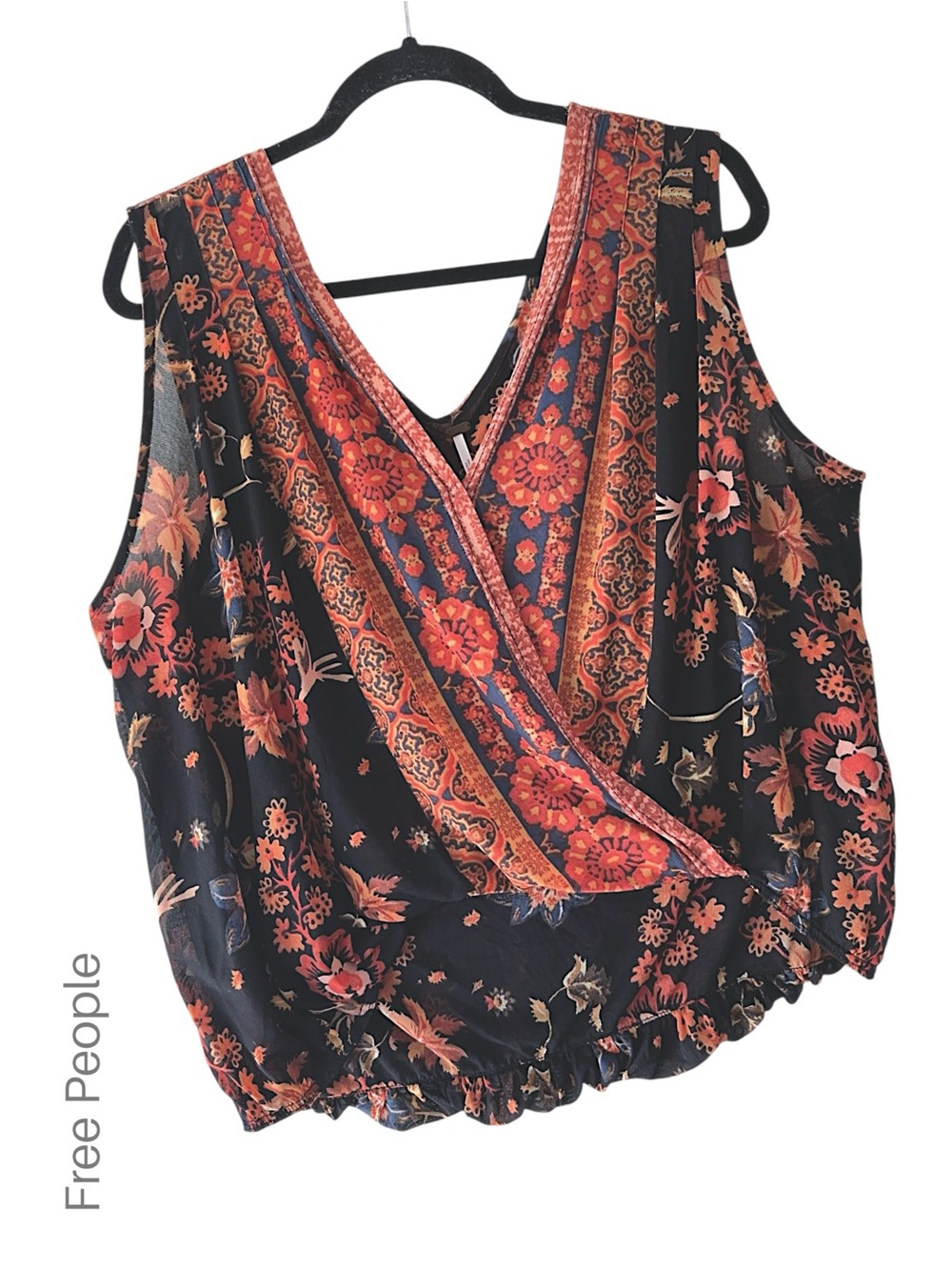 FREE PEOPLE HAVANA MESH FLORAL FAUX WRAP TANK BLACK COMBO BUBBLE HEM | LARGE